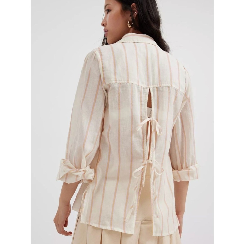 BDG Urban Outfitters Tie Back Shirt | Open Back Bow Top Pink White XS